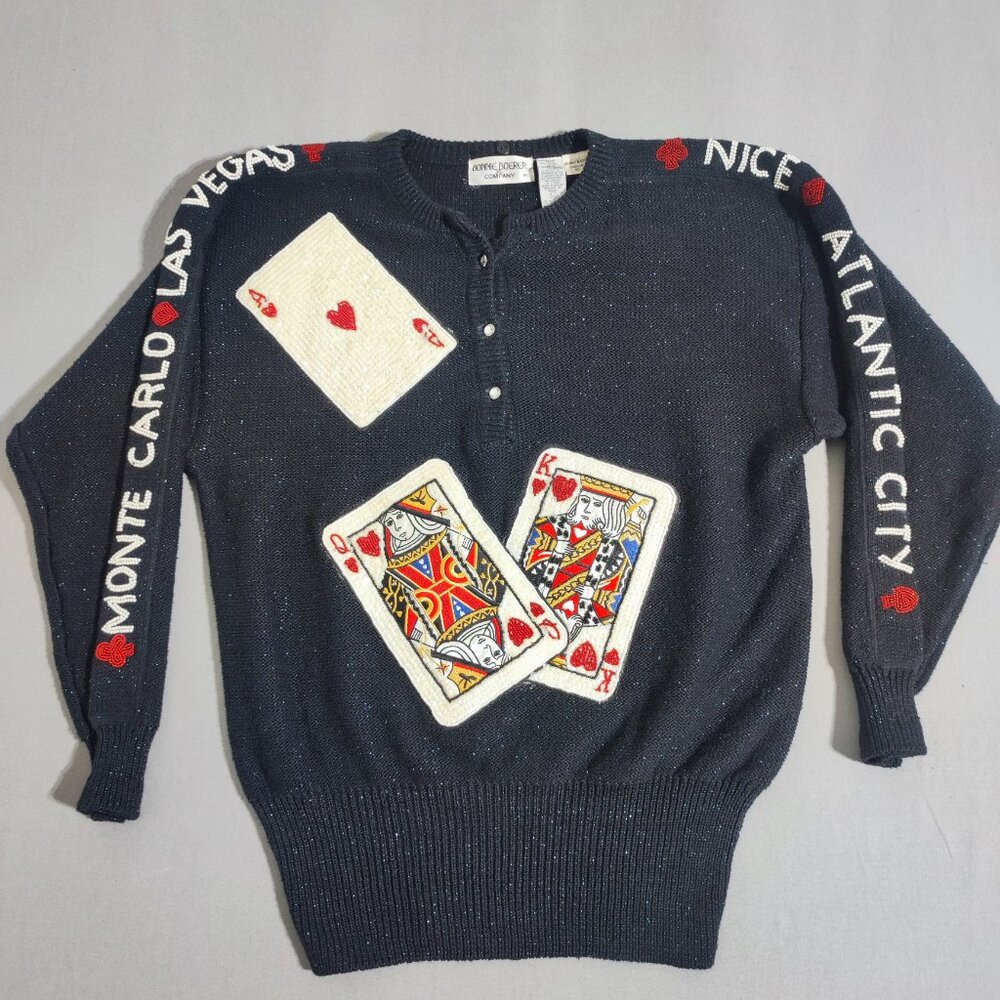 Vintage Bonnie Boerer Sequin Sweater women's size L black base Casinos Gambler